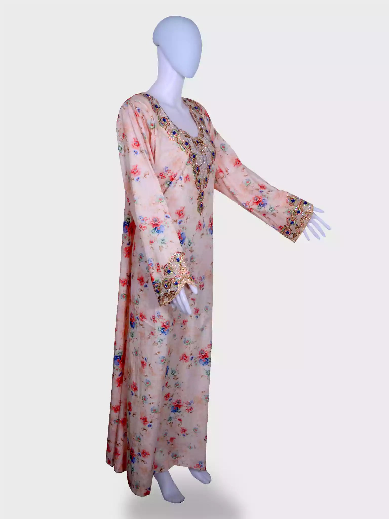 Stylish Jalabiya with embroidery fabric Digital cotton design on Chiffon with MC stone handmade